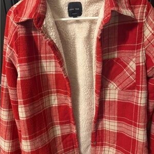 Love Tree Red and Cream Plaid Sherpa Jacket